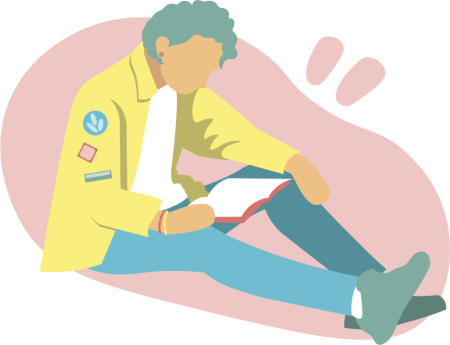 Illustration of a young person sat down reading a book