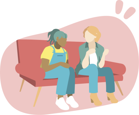 Illustration of two people on a sofa talking to each other